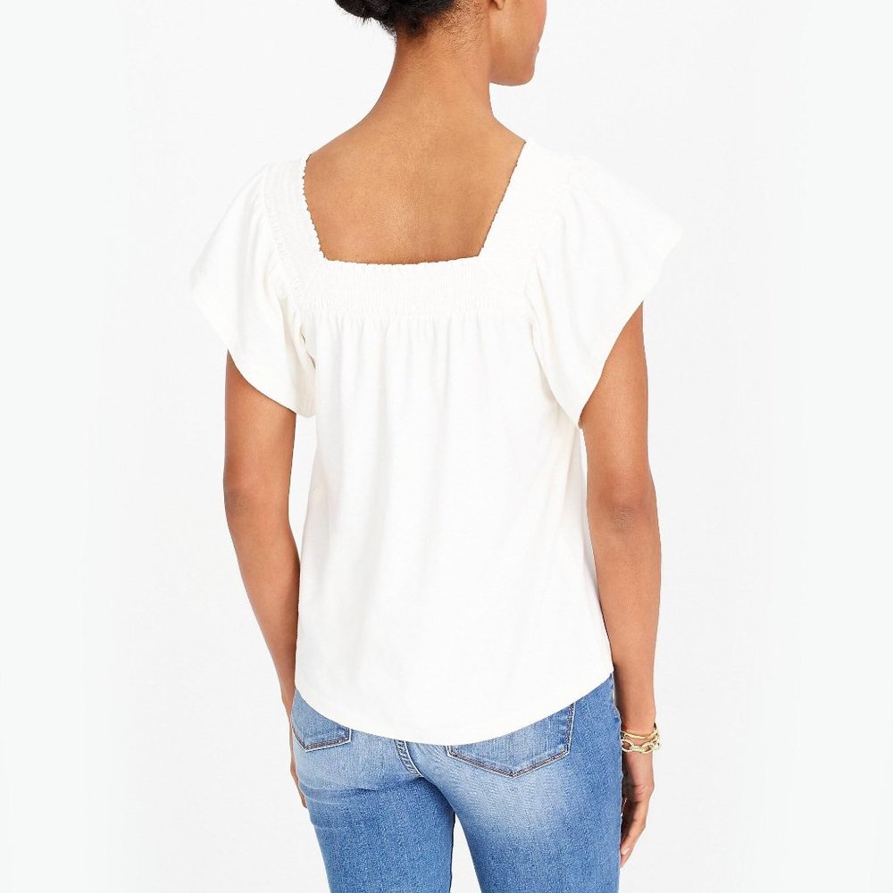J. Crew White Smocked Square Neck Cotton Top (xxs)